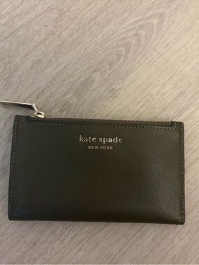 kate spade olive green leather zip card holder with gold logo